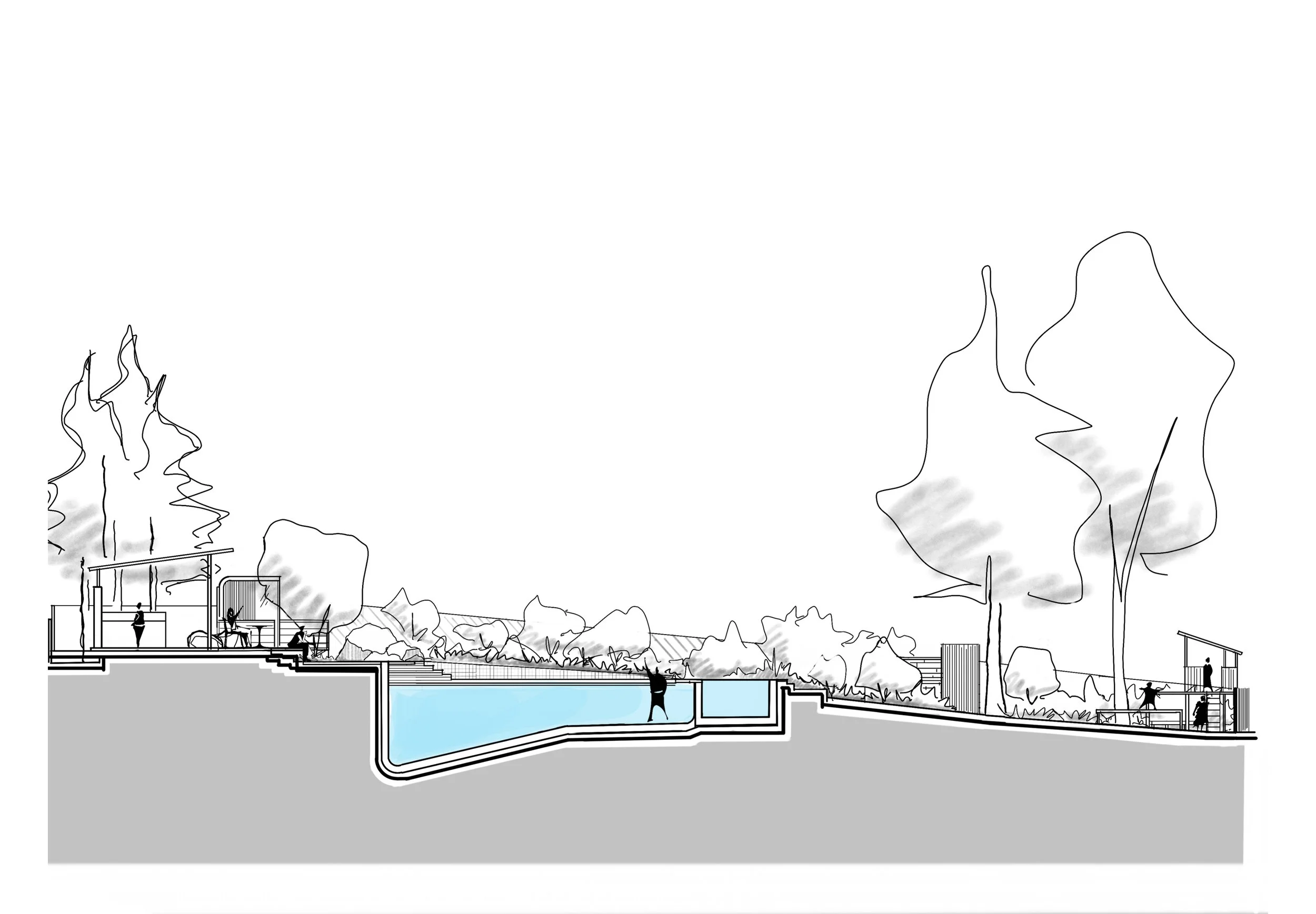 Cross-section drawing of a recreational swimming area with a pool, outdoor seating, and trees.