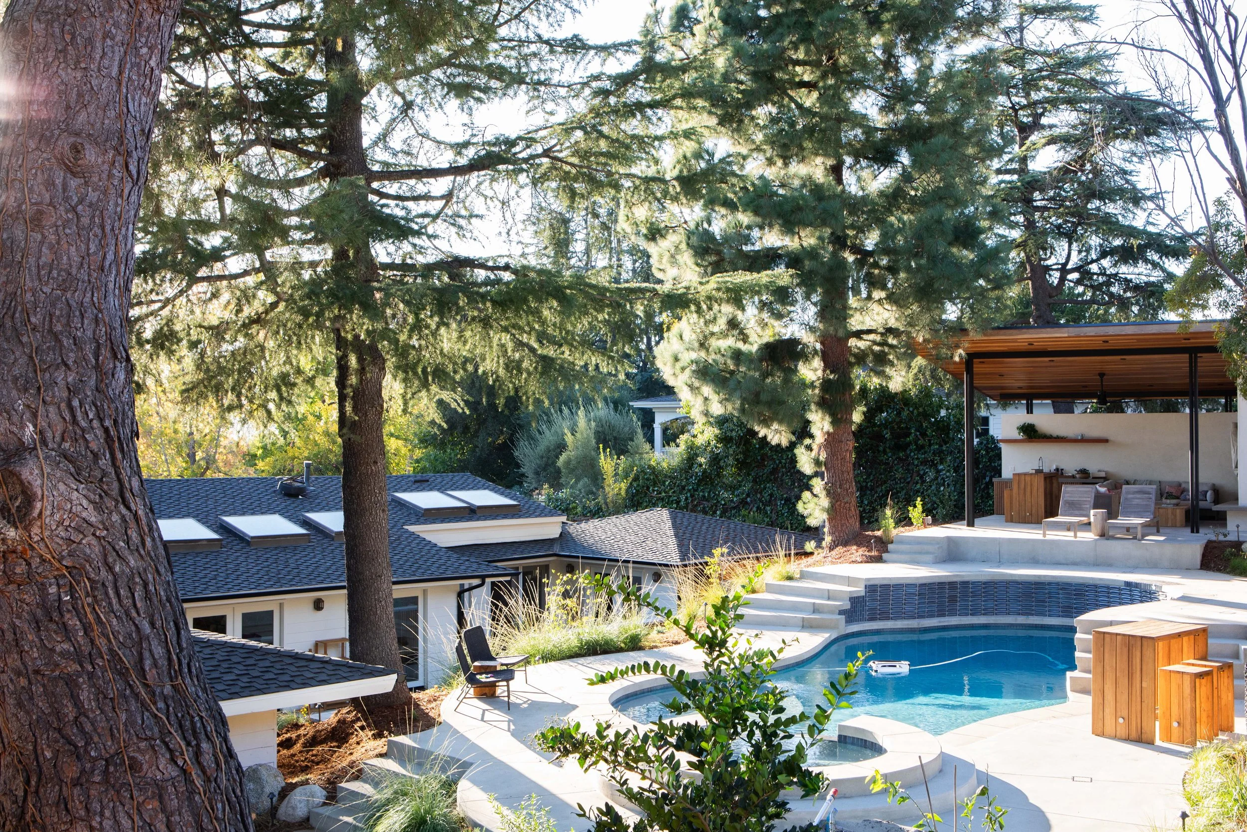 Cedar pavilion and pool with native planting, foothills family garden — Big Pine by CRAFT Landscape Architecture, La Cañada Flintridge