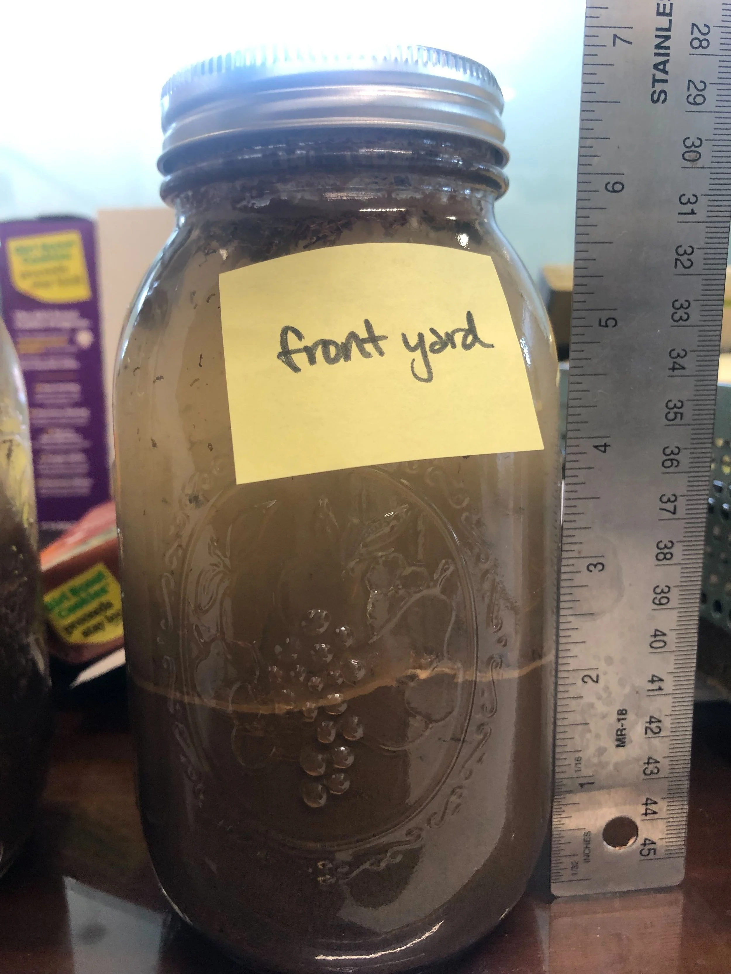 Glass jar with a silver lid, labeled 'front yard' with a yellow sticky note. The jar contains dark liquid with bubbles, and a metal ruler is placed beside it for size reference.