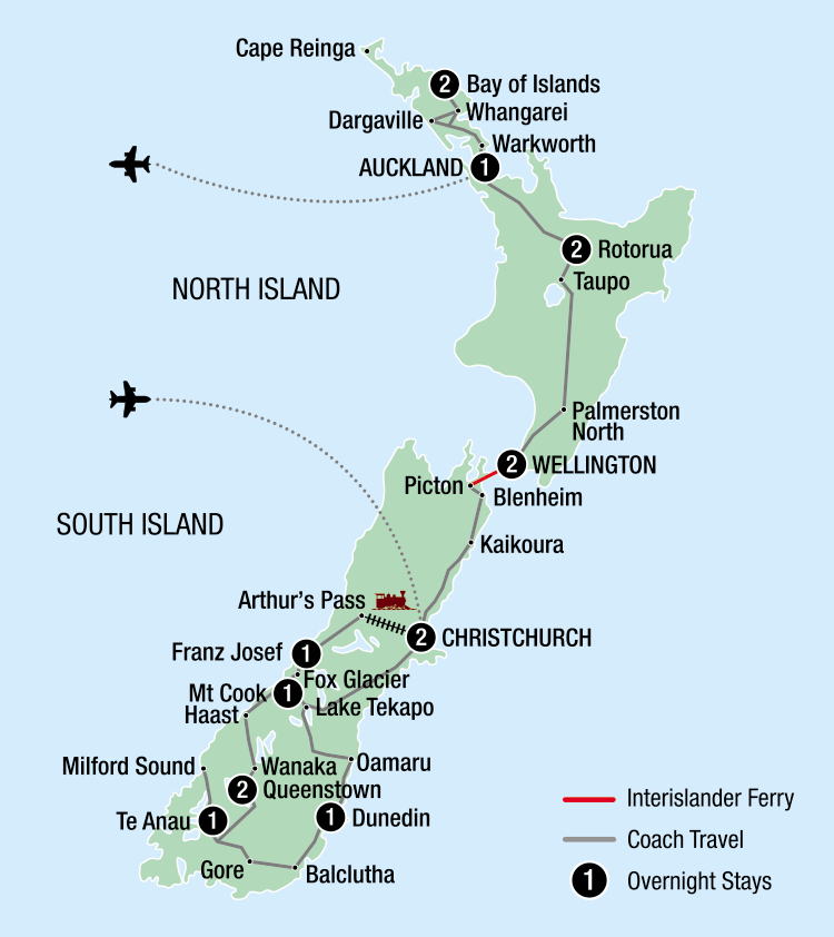 Detailed map for the 16-Day Ultimate Highlights tour of New Zealand, depicting travel routes including coach and Interislander ferry, with overnight stays in locations like Auckland, Wellington, Queenstown, and key sights from Cape Reinga to Dunedin.