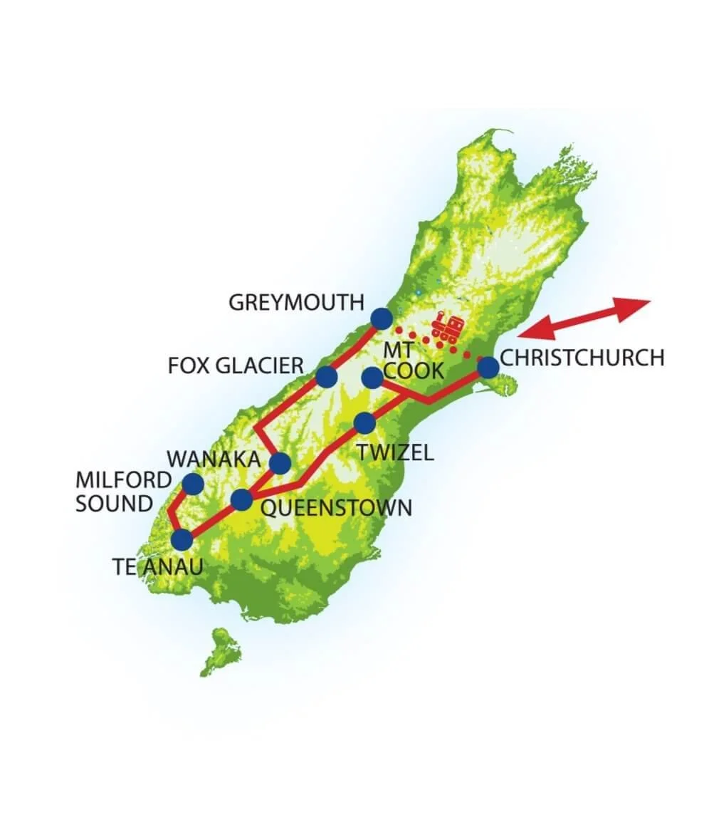 Map of the South Island, New Zealand showing the Matai tour route with stops at Greymouth, Fox Glacier, Wanaka, Queenstown, Milford Sound, and Mt. Cook, highlighted by a red arrow indicating the direction from Christchurch.