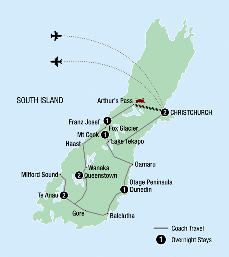 Map of the Ultimate South Island 10-day tour with coach travel routes, showcasing overnight stays in Queenstown, Te Anau, and Christchurch, with other key destinations like Milford Sound and Franz Josef Glacier.