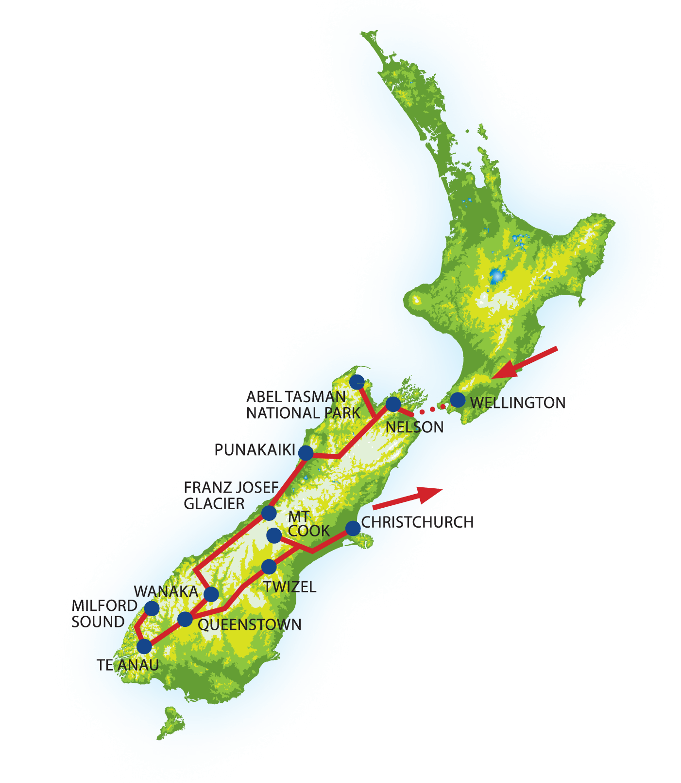 Stylised tourist map of New Zealand showcasing key destinations and travel routes for a coach tour, including Mount Cook, Abel Tasman National Park, and Milford Sound, against a geographical illustration of the islands.