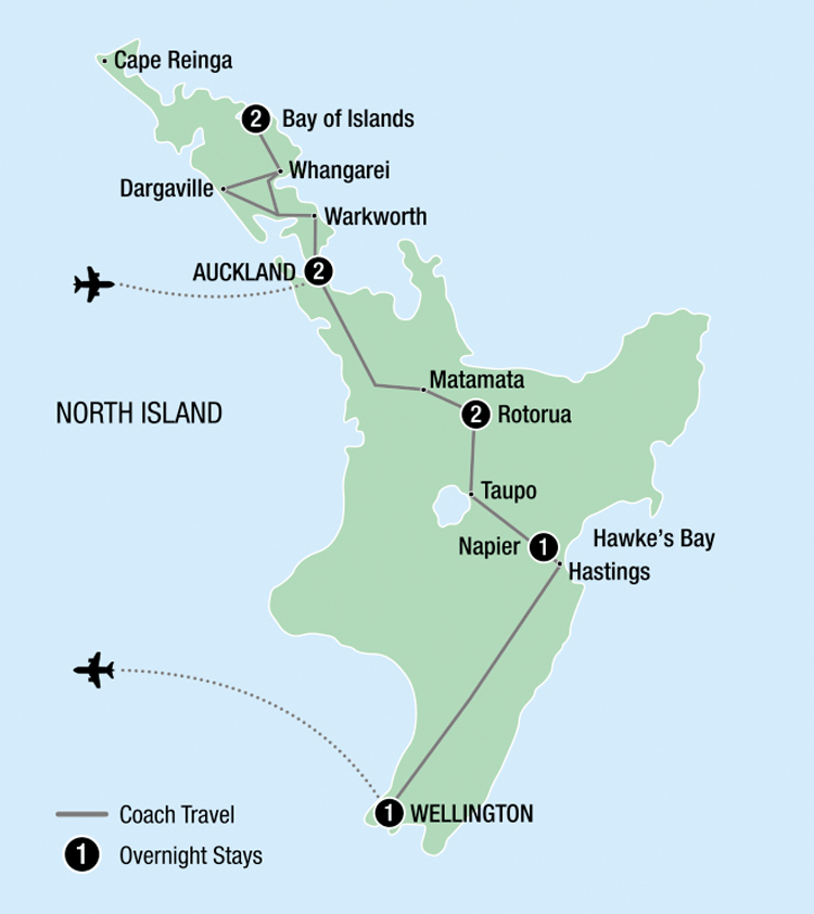 Map of the Ultimate North Island 9-day tour, starting in Auckland with stops at Bay of Islands, Rotorua, and Napier, ending in Wellington, featuring coach travel routes and overnight stays.