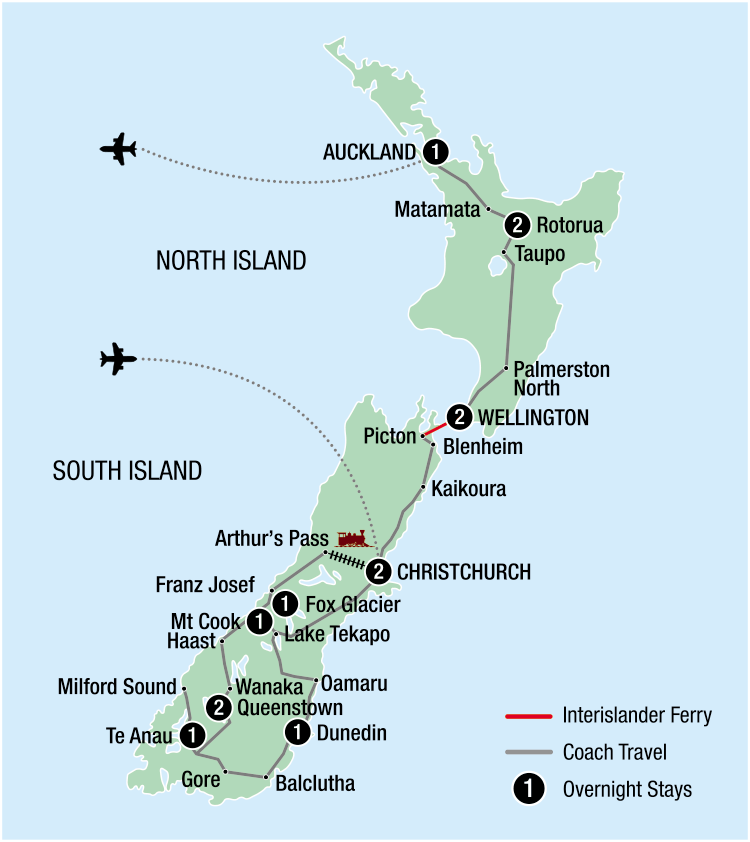 Map of a 14-day ultimate tour of New Zealand by Grand Pacific, showing interislander ferry route, coach travel, and overnight stays across both the North and South Islands, from Auckland to Dunedin.