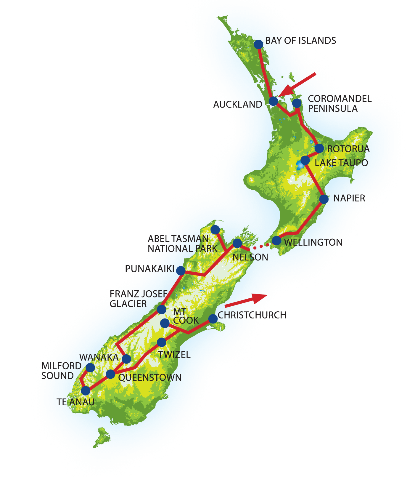 Illustrative map of New Zealand highlighting the Kauri tour with stops including the Bay of Islands, Auckland, Coromandel Peninsula, Rotorua, Lake Taupo, Napier, Wellington, Abel Tasman National Park, Punakaiki, Franz Josef Glacier and other stops.