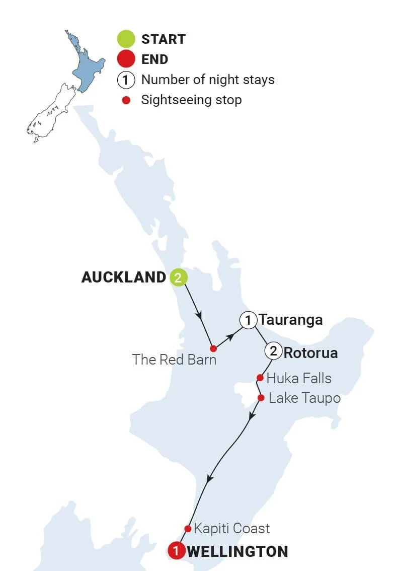 Map of a travel route in New Zealand with stops in Auckland, Tauranga, Rotorua, Wellington, The Red Barn, Huka Falls, and Lake Taupo, indicating start and end points, number of night stays, and sightseeing stops.