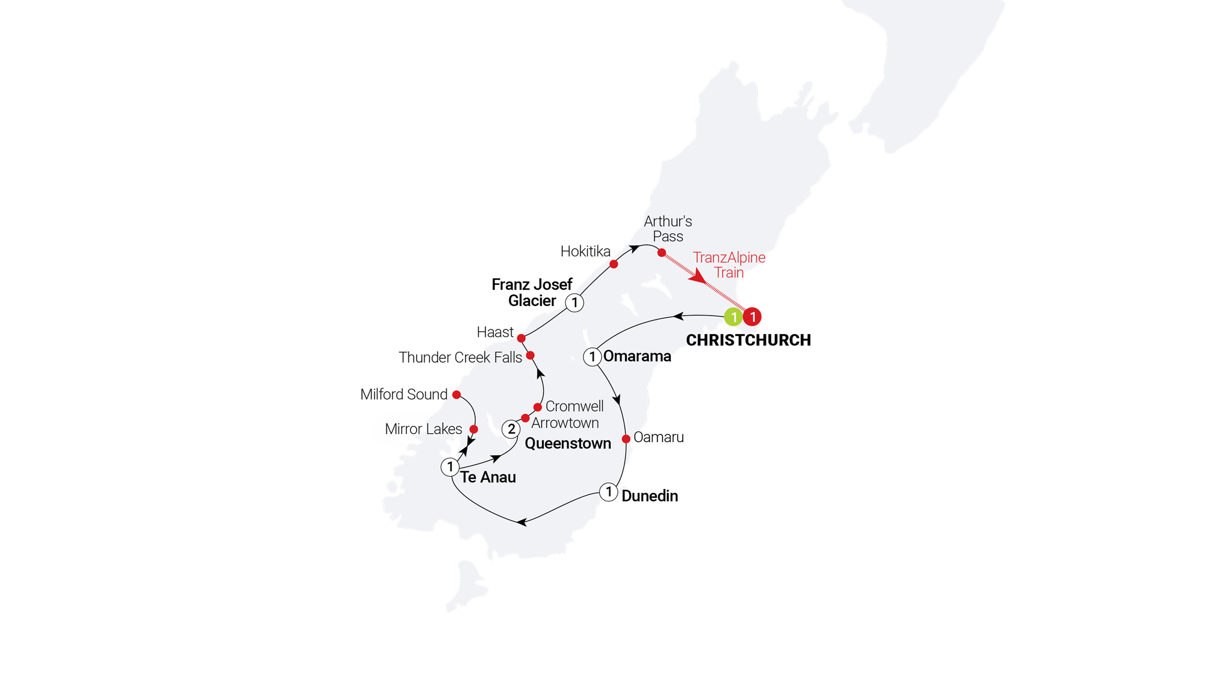 Tourist map featuring a travel route across New Zealand's South Island with points of interest in high contrast, including Queenstown, the TranzAlpine Train, and the Franz Josef Glacier.