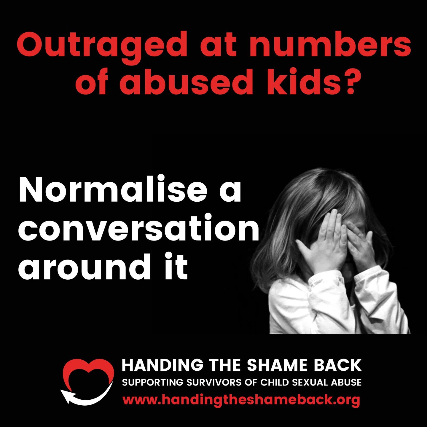 Let's save some Kids
The topic of child sexual abuse needs to be discussed, talked about, so that children can be kept safe. Please help me save some kids by having conversations about this.
For more information go to handingtheshameback.org
#handsig