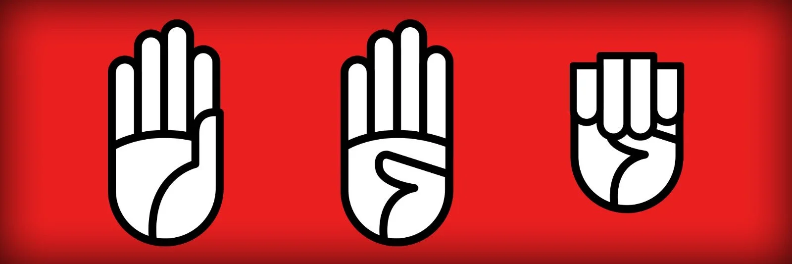 Three stylized hand symbols on a red background, representing the American Sign Language fingerspelling for H-E-L-L.