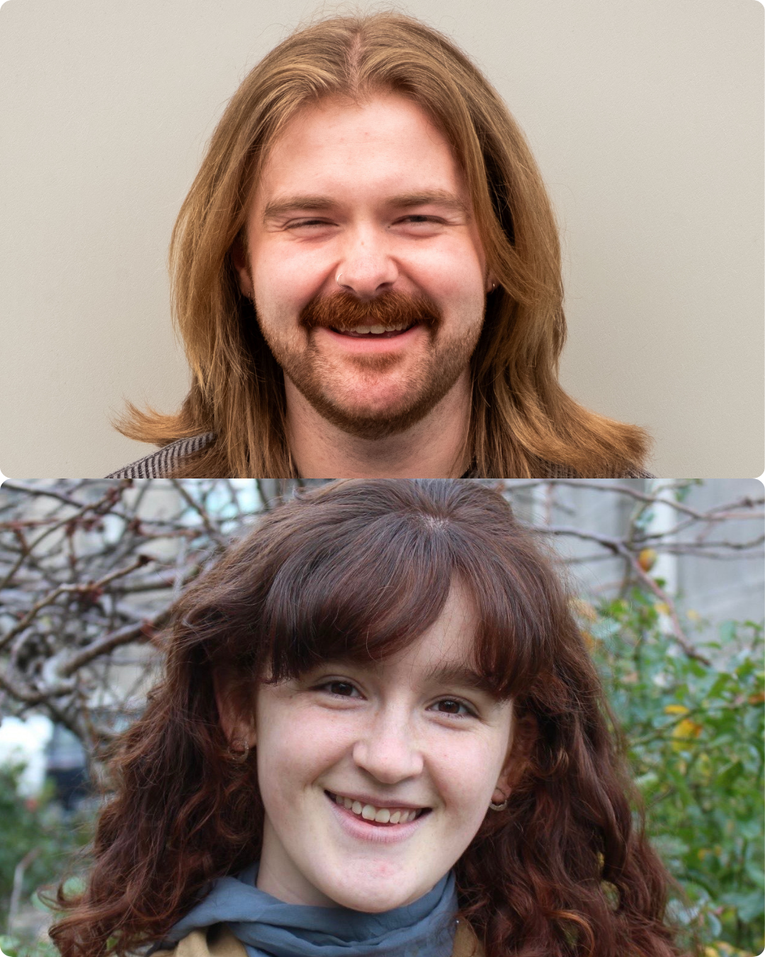 Two close-up photos stacked on top of each other: above is a young man with shoulder length red-blonde hair, a beard and light skin; below is a young woman with red-brown hair and pale skin, in a forest. Both are smiling.