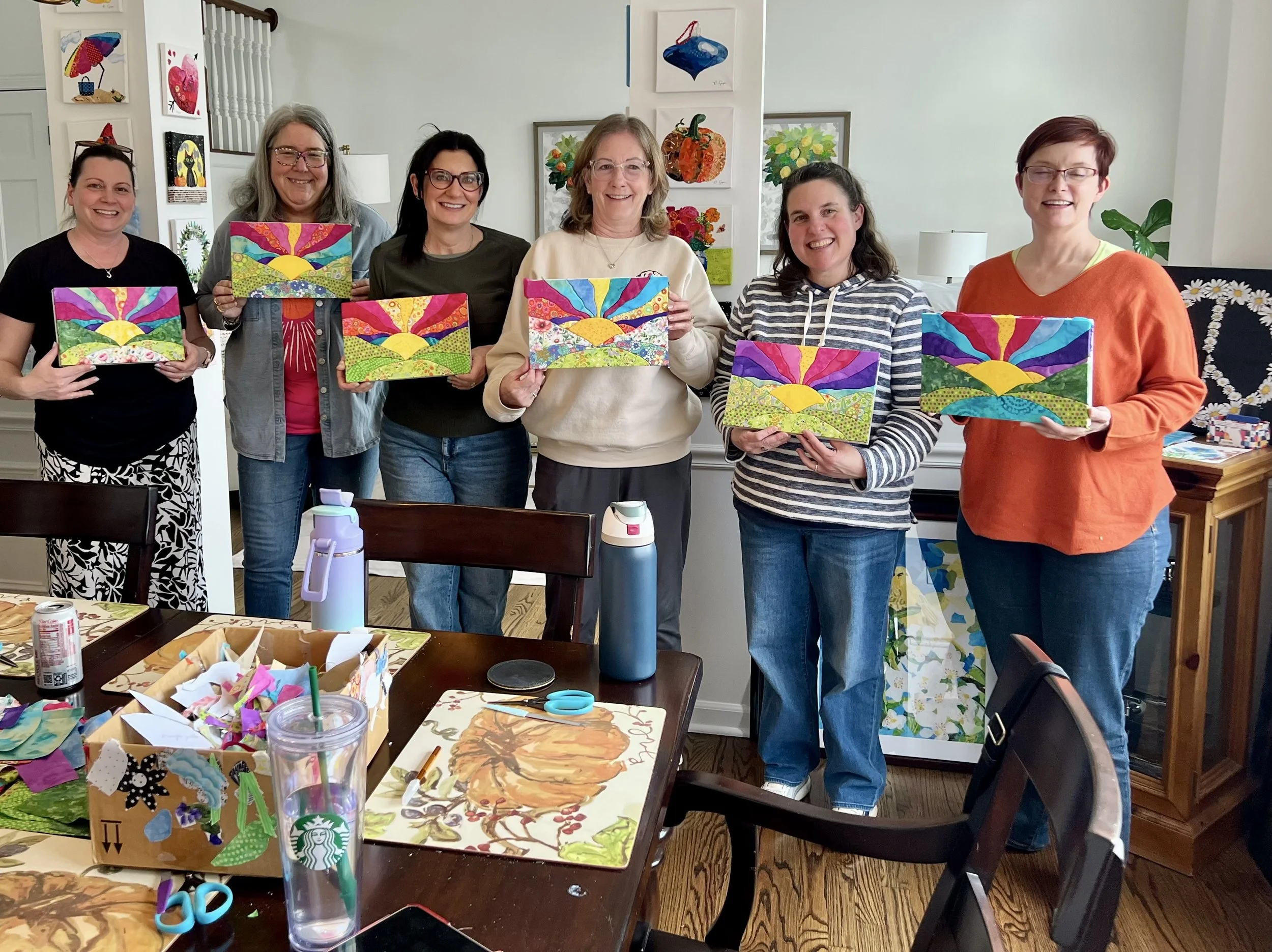 Kinusaiga test class with friends. It's a Japanese textile art where fabric pieces are tucked into foam core slits. 