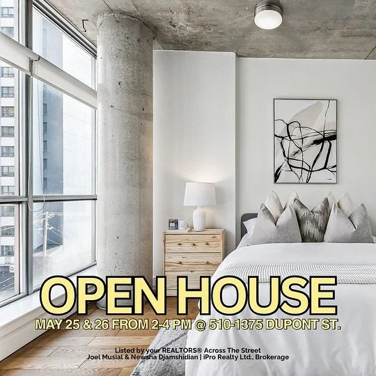 Good music? ✅

Good snacks? ✅

Good deal? ✅✅✅

Don&rsquo;t miss out on your chance to get chic + affordable loft living in Toronto&rsquo;s west end! Open houses this weekend:

🗓️ May 25+26 from 2-4 pm

📍510&ndash;1375 Dupont St. 

🏷️ $499,900

🛏️