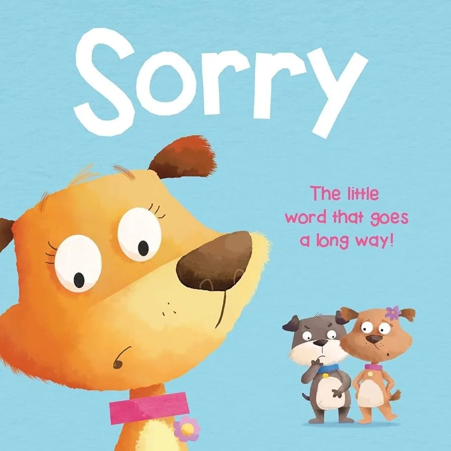 La portada de un libro infantil titulado 'Sorry' con un dibujo de un perro con expresión culpable y dos perros pequeños en el fondo.