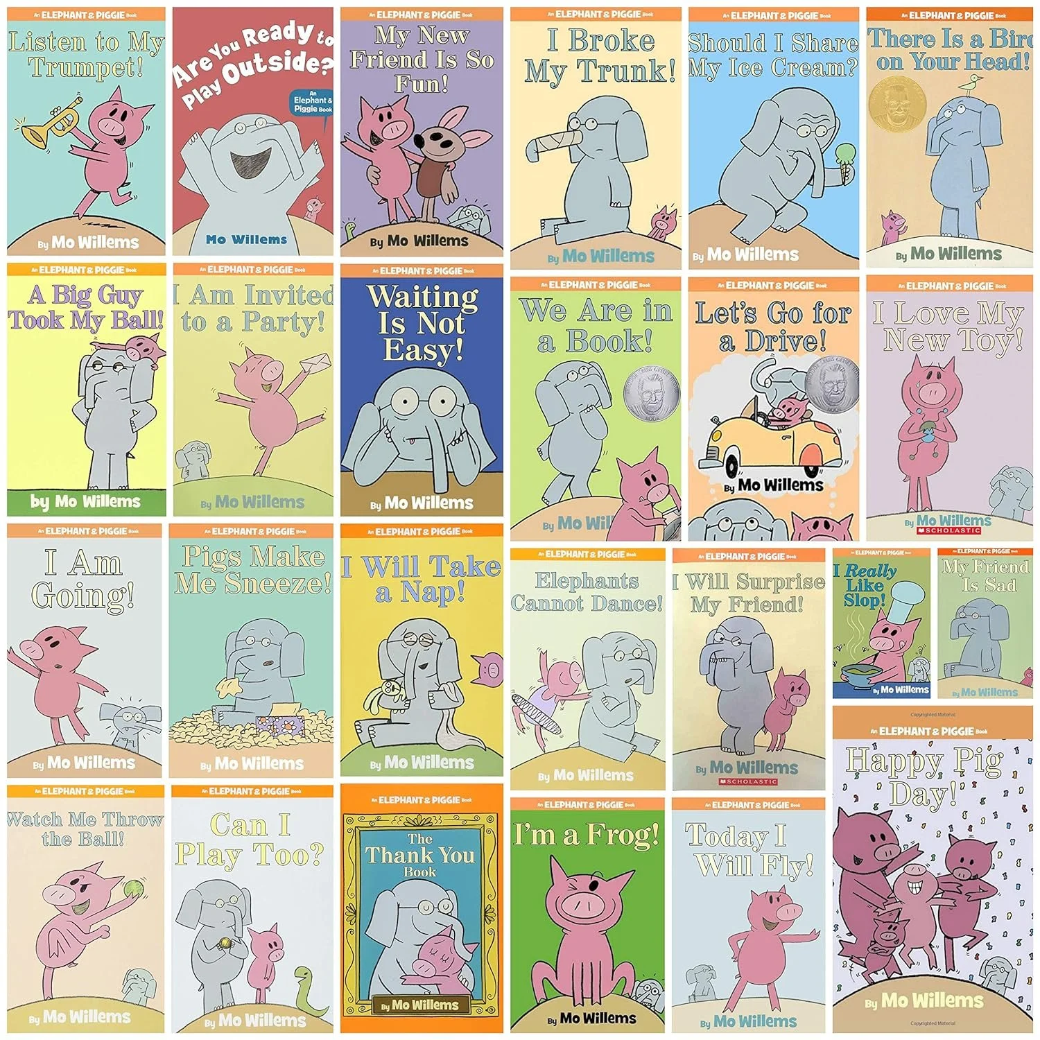 Portadas de libros infantiles de la serie Elephant & Piggie, ilustradas con personajes de un cerdo y un elefante en diferentes escenas y actividades.