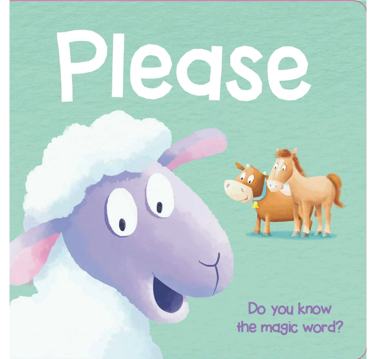 Portada de un libro infantil con una oveja caricaturesca en primer plano y dos caballos con expresión sorprendida en el fondo. Texto en inglés dice 'Please' y en la esquina inferior derecha '¿Sabes la palabra mágica?'.