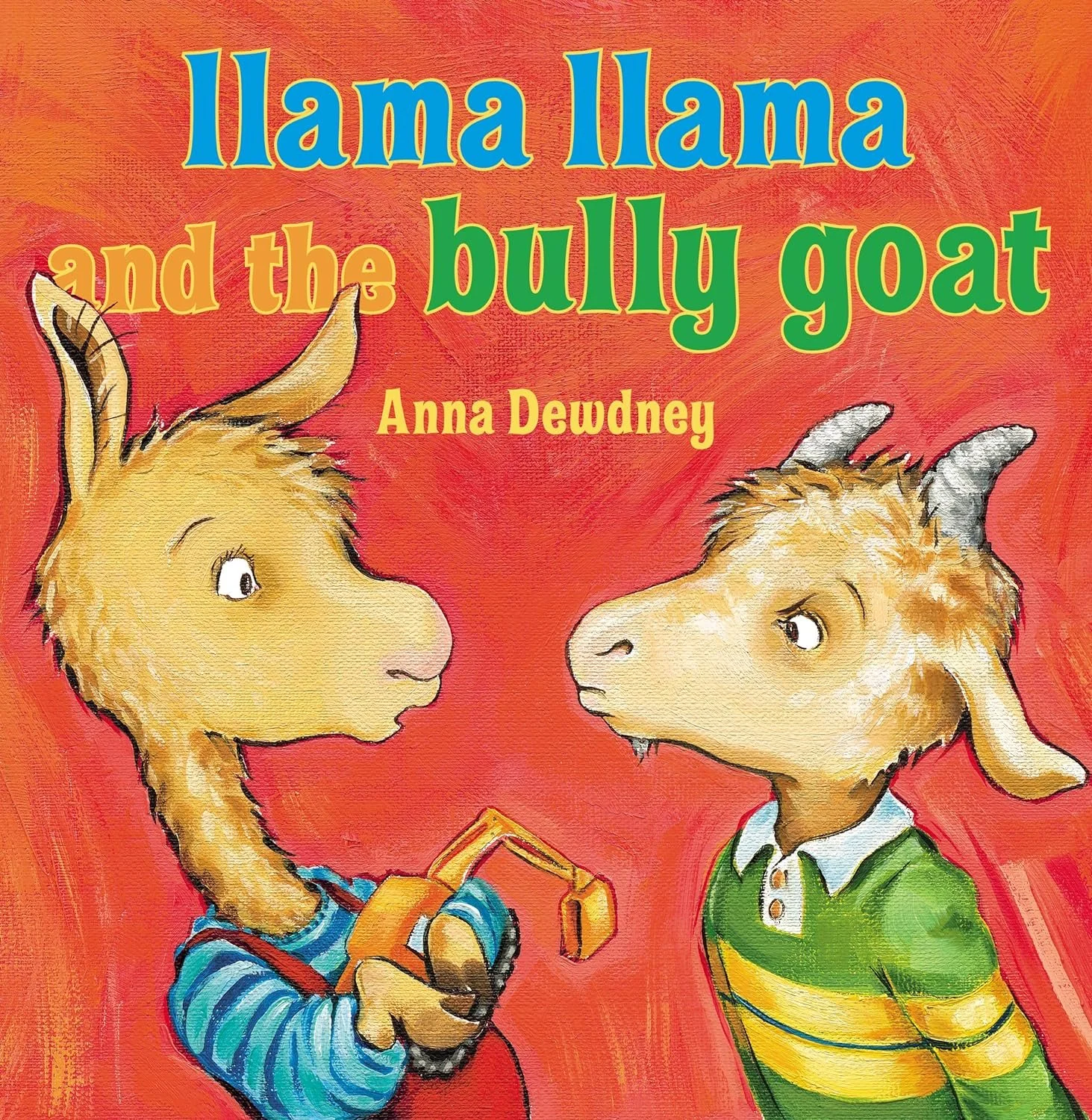 Portada de un libro infantil titulado "Llama llama y el cabra molesta" con ilustraciones de dos cabras, una con un carro de juguete y otra con una camiseta verde con rayas amarillas.