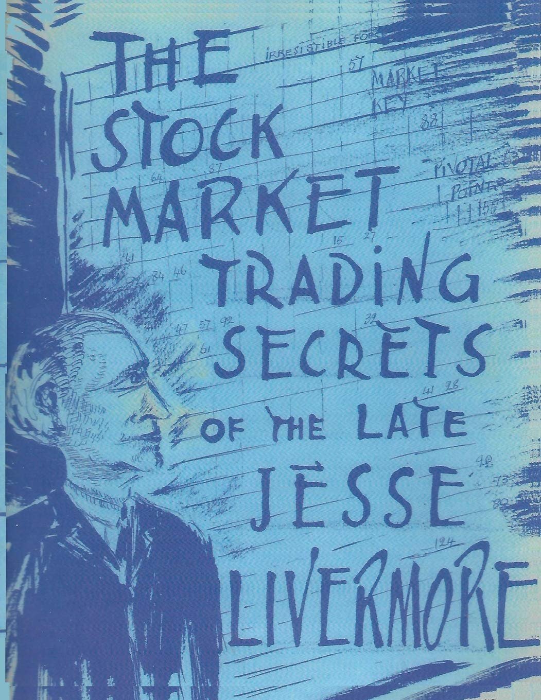 Anuncio de mercado bursátil titulado "The Stock Market Trading Secrets of the Late Jesse Livermore" con un dibujo en la esquina inferior izquierda de un hombre de perfil con gafas, en estilo de boceto.