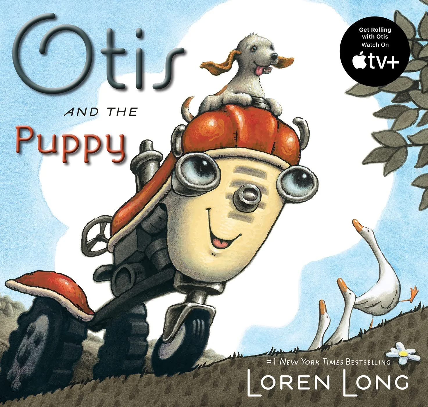 Ilustración de Otis, un tractor con rostro sonriente, acompañado de un cachorro en la parte superior y dos gansos en el suelo. Parte del título de un libro infantil, 'Otis y el cachorro', y un símbolo de streaming en la esquina superior derecha.