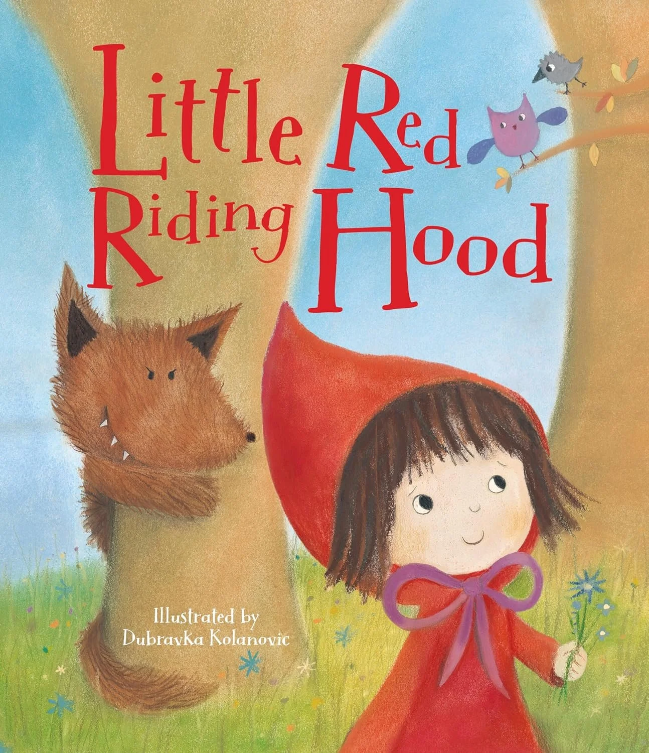 Portada del libro infantil 'Little Red Riding Hood', ilustrada con una niña de capa roja, un lobo y pajaritos en un árbol.