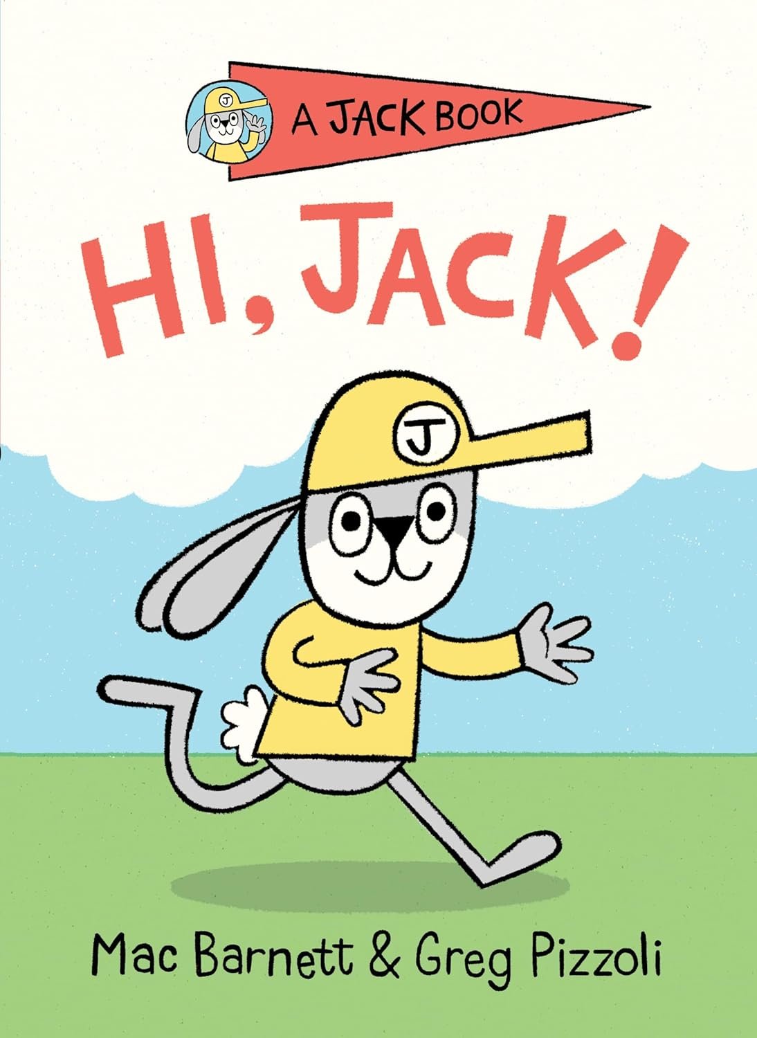 Portada de un libro infantil titulado "Hola, Jack!" con un dibujo de un zorro con gorra y camiseta amarilla, corriendo alegremente en un fondo de cielo y césped.