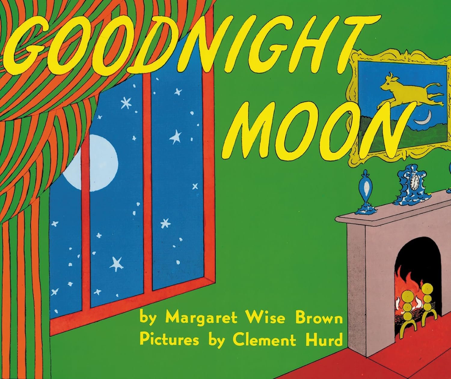 Portada del libro 'Goodnight Moon' con una ventana que muestra la luna y estrellas, una cortina a rayas naranjas y verdes, y una chimenea con fuego, en un estilo de ilustración infantil