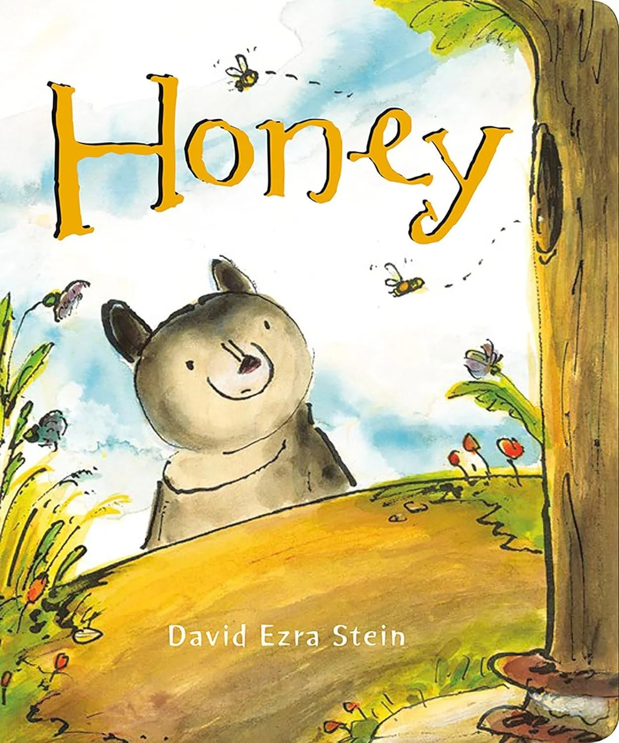Portada de un libro infantil titulado 'Honey' con un dibujo de un oso y abejas volando, en un entorno de naturaleza con árboles, flores y un cielo azul.