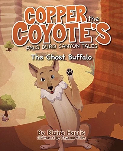 Portada de un libro titulado 'Copper the Coyote's Palo Duro Canyon Tales: The Ghost Buffalo', con una ilustración de un coyote amistoso levantando una pata, en un paisaje de cañón con árboles y rocas.