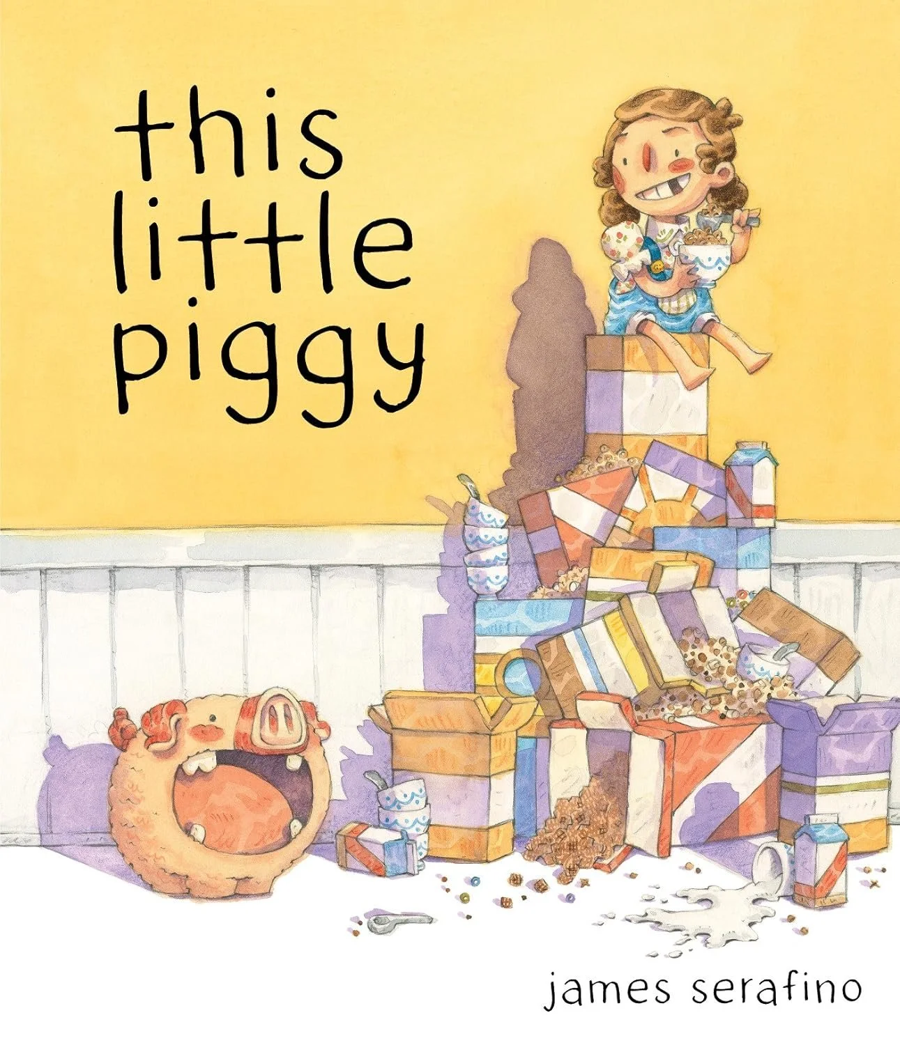 Portada del libro 'This Little Piggy' de James Serafino, con dibujos de un cerdo abrazando una caja, una niña feliz comiendo cereal sobre una caja, y varias cajas apiladas con cereal derramado.