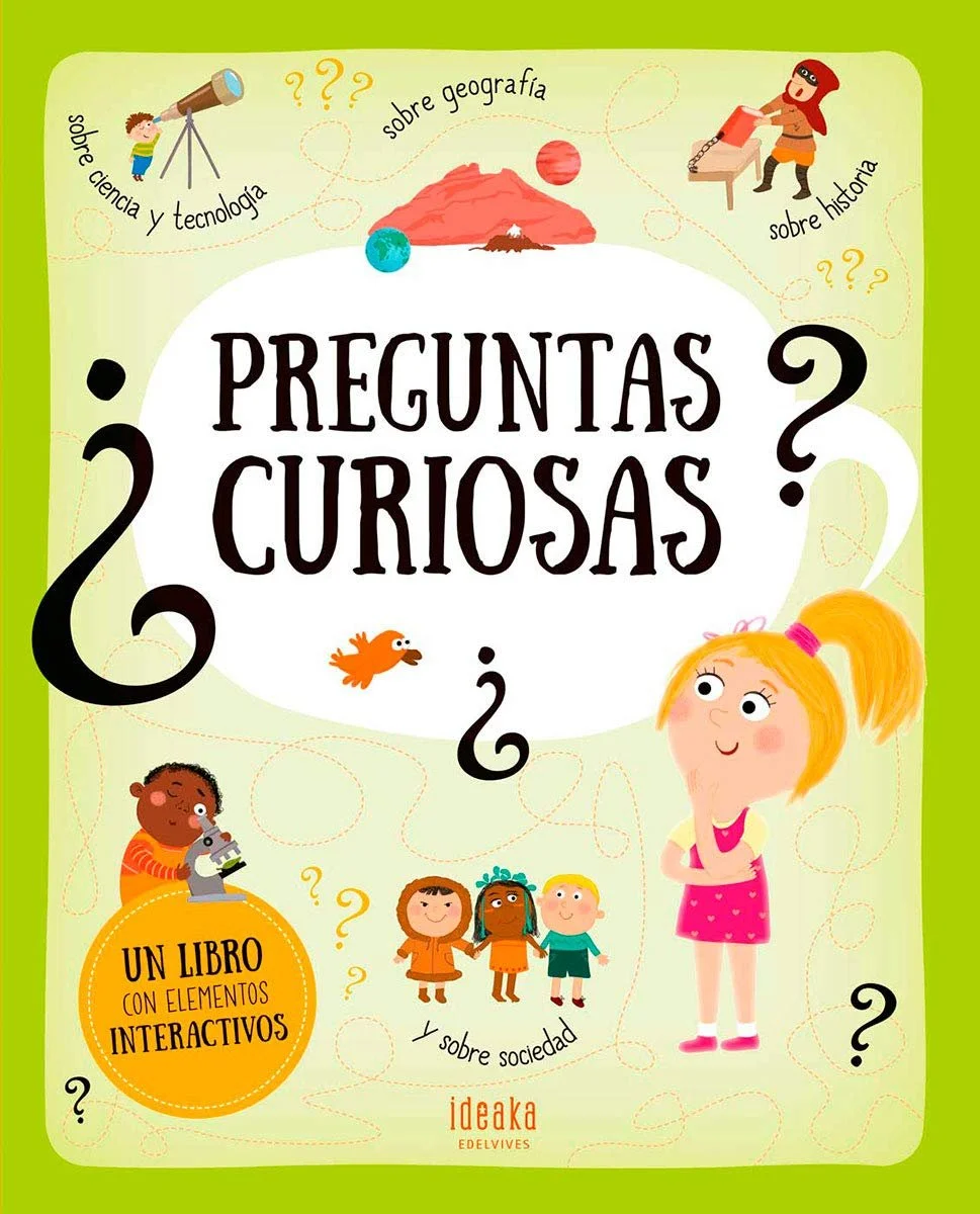 Portada de un libro titulado 'Preguntas Curiosas' con ilustraciones de niños observando un telescopio, un científico y niños en diferentes escenarios, y elementos relacionados con ciencia, geografía, historia y sociedad.