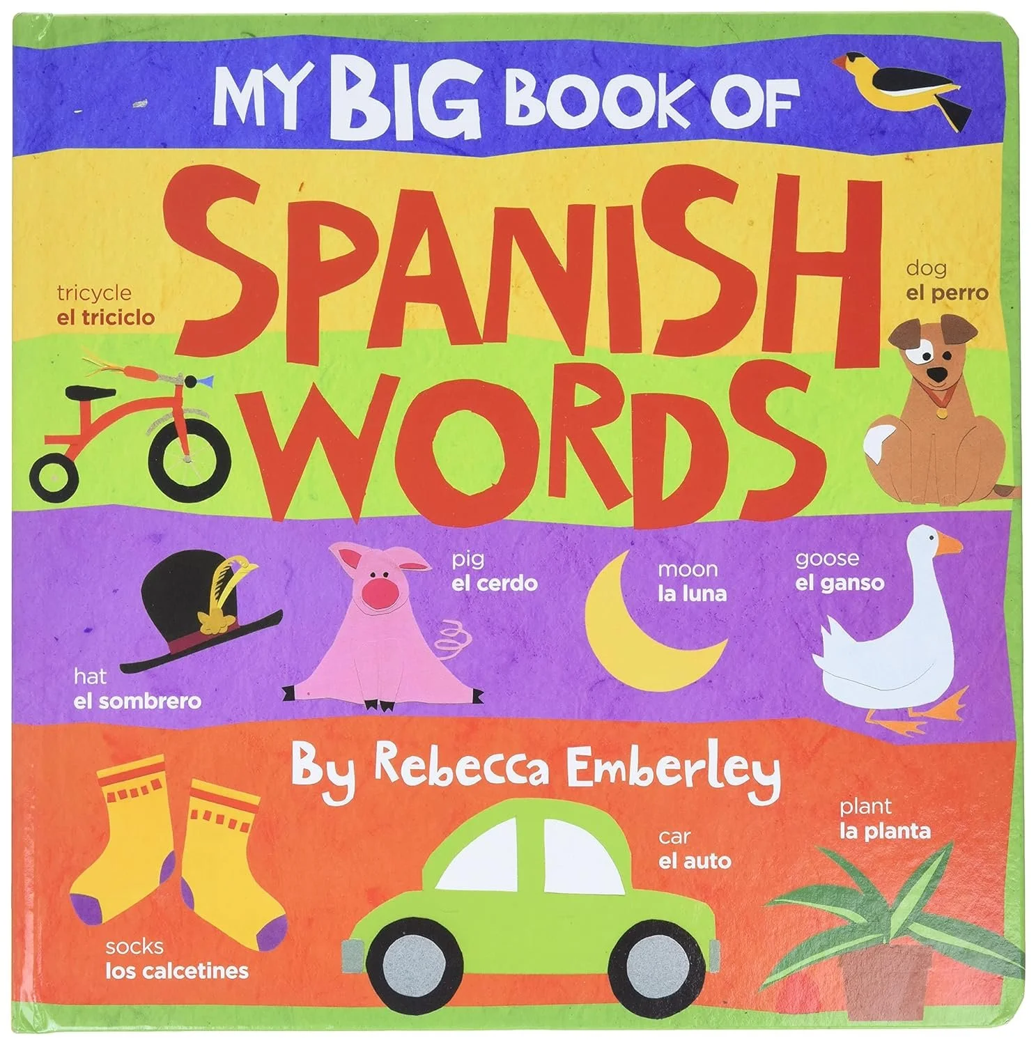 Portada de un libro colorido titulado 'My Big Book of Spanish Words' con ilustraciones de objetos y animales en colores vivos y sus nombres en inglés y español.