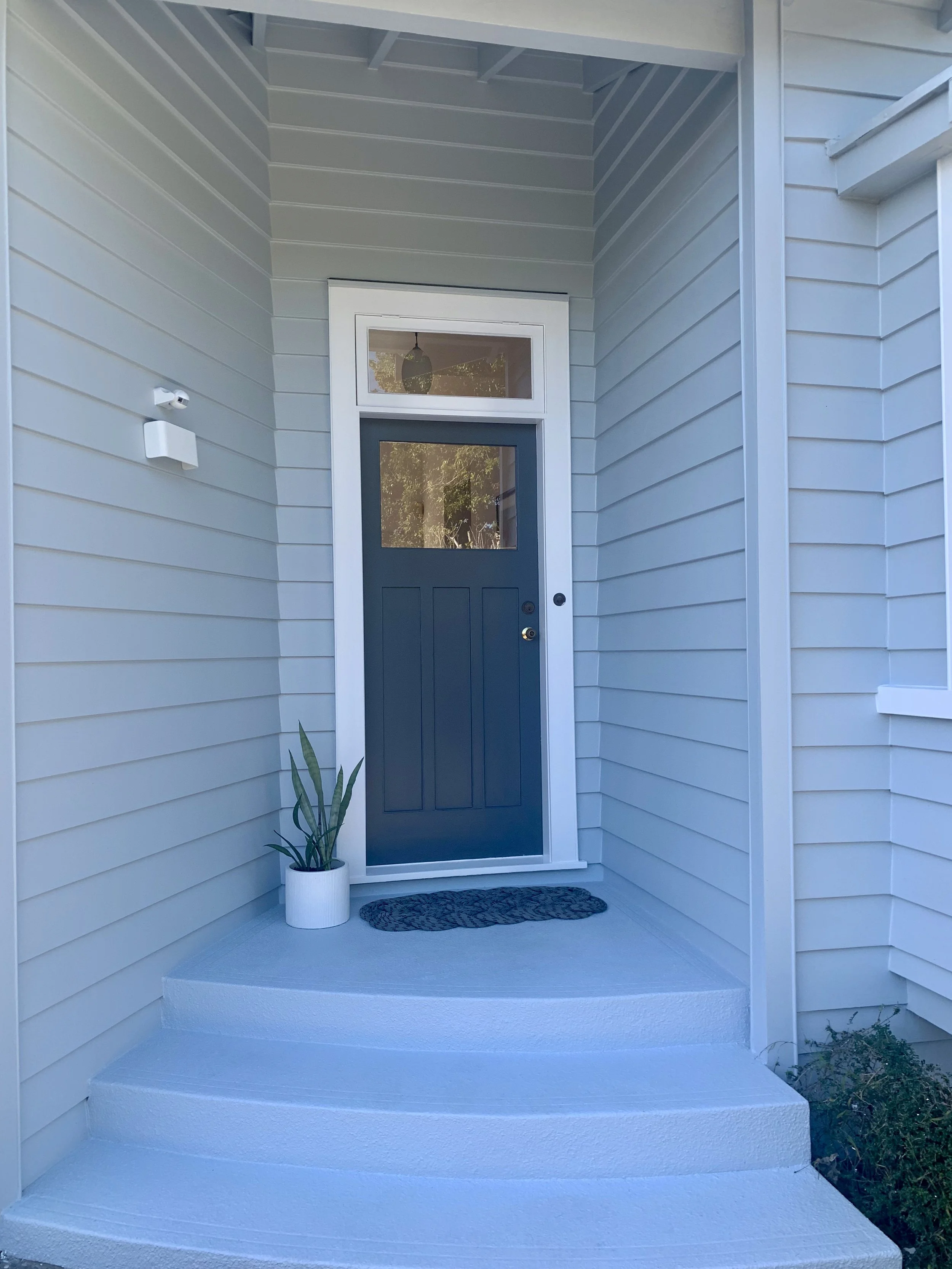 Front porch with a blue door, potted plant, and a doormat