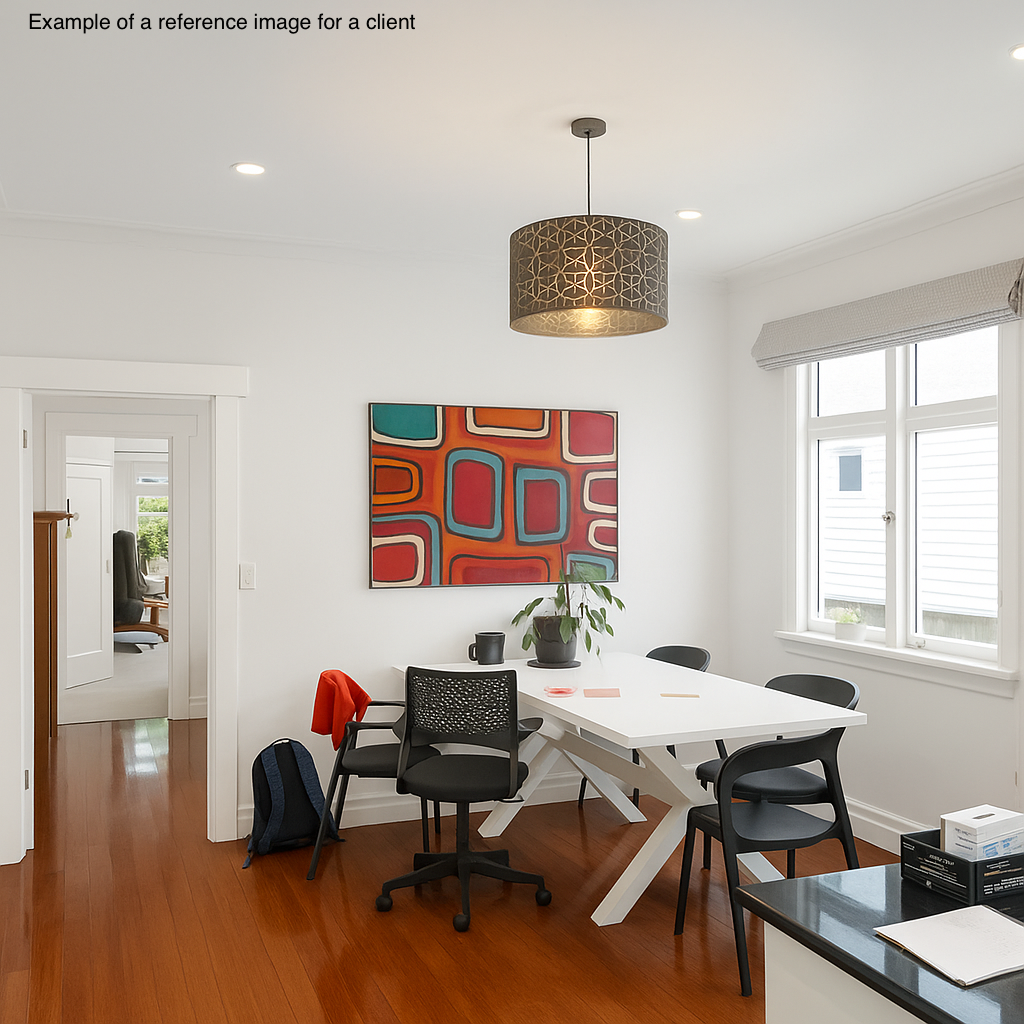 A bright dining room with a white table and four black chairs. There is a colorful abstract painting on the wall, a window with a white blinds, and a ceiling light fixture. A backpack and red sweater are on one chair, and there are some office suppli