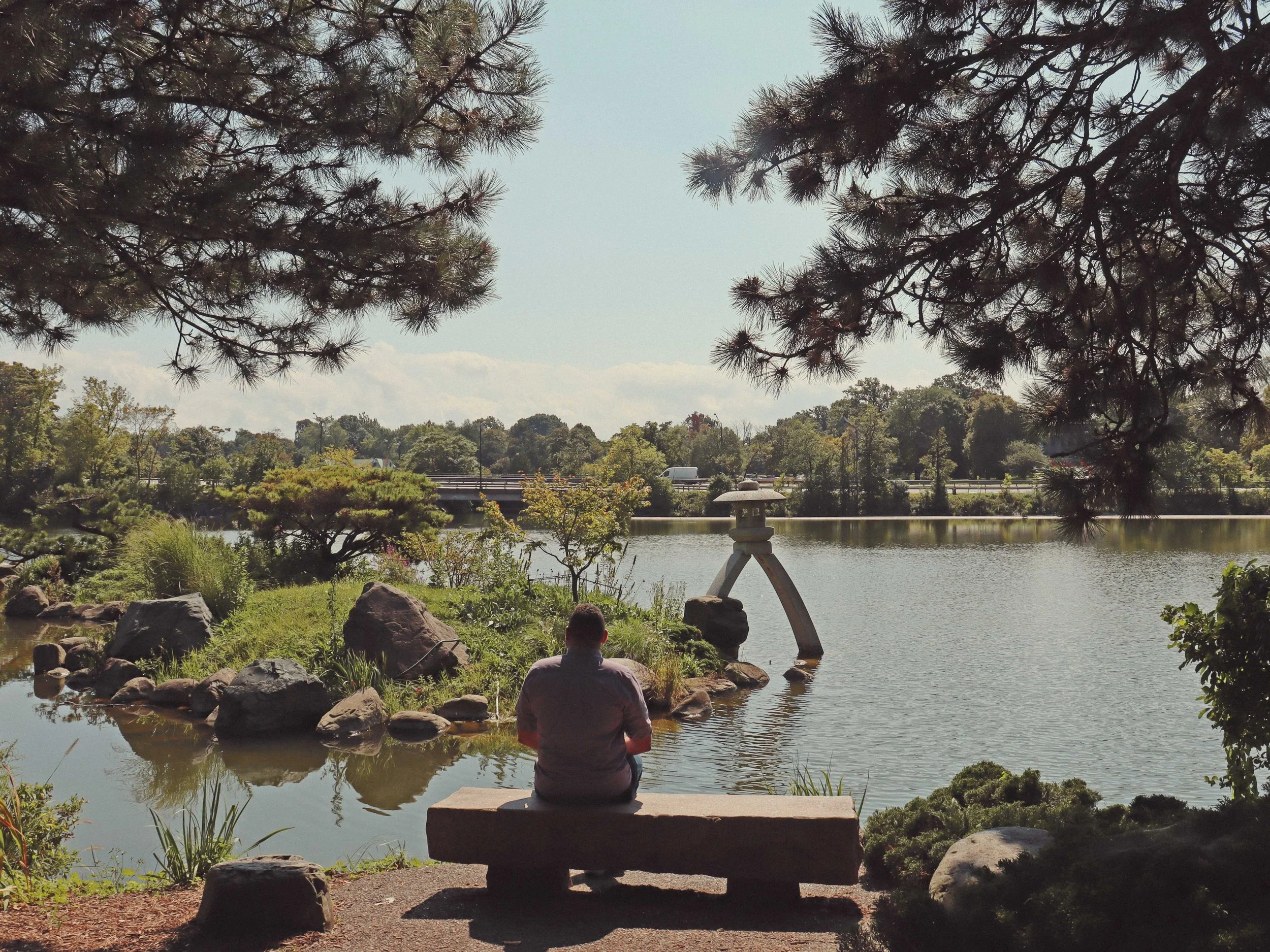 A person sitting on a bench by a pond, surrounded by rocks and greenery, with trees and a bridge in the background.