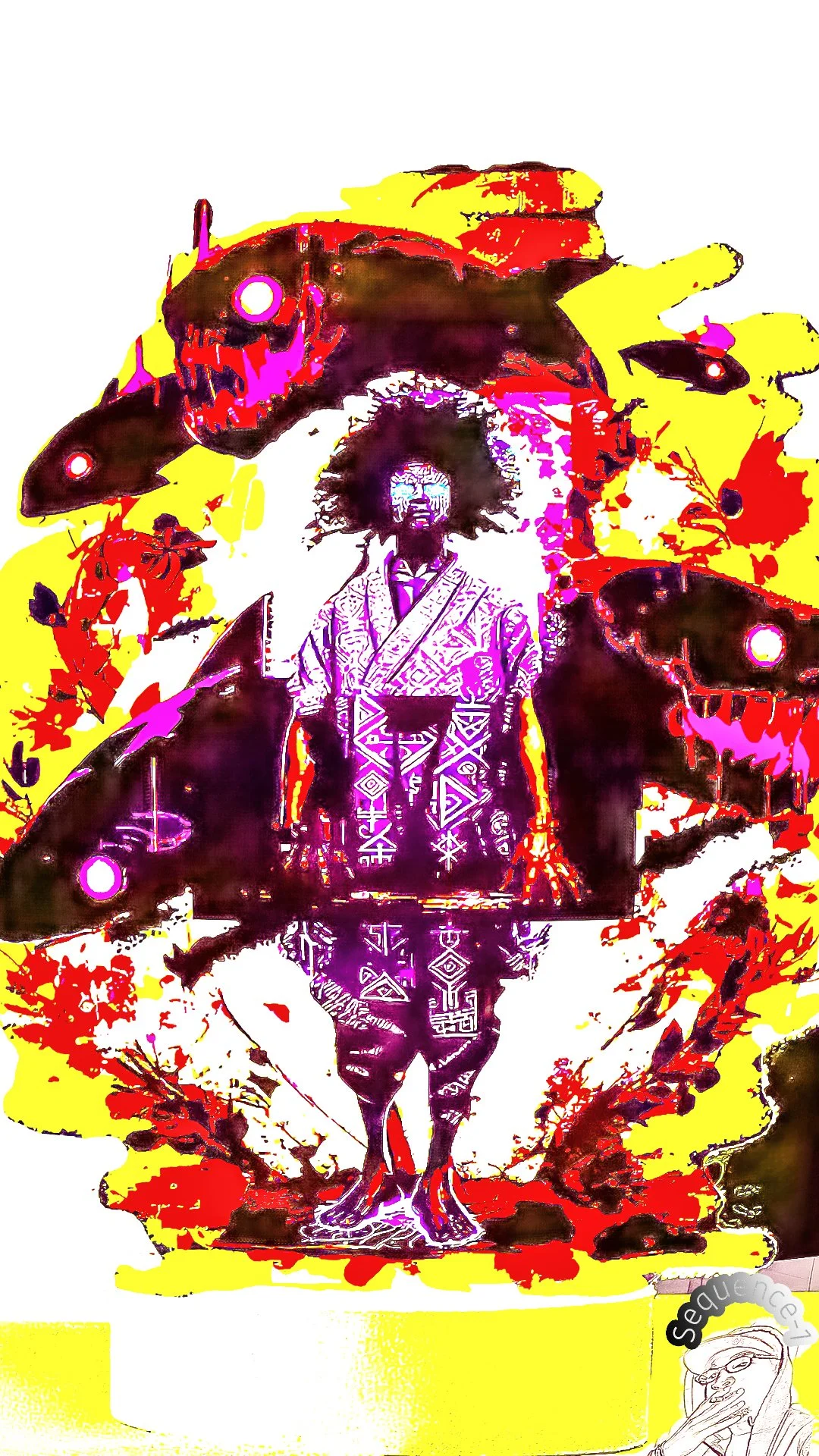 Artistic illustration of a woman with curly hair in traditional Asian attire, surrounded by abstract and vivid red, yellow, and black shapes.