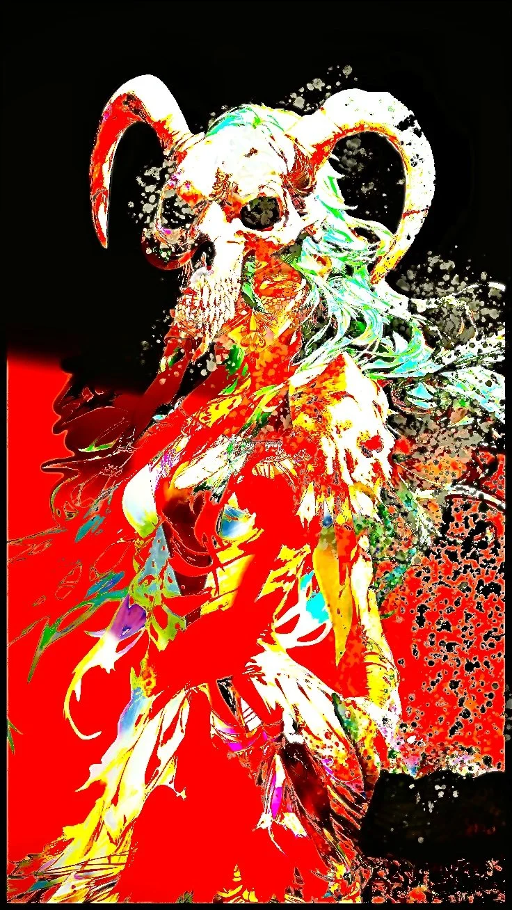 A colorful digital illustration of a mythical creature with a skull-like face, large horns, and flowing hair, set against a black and red background.