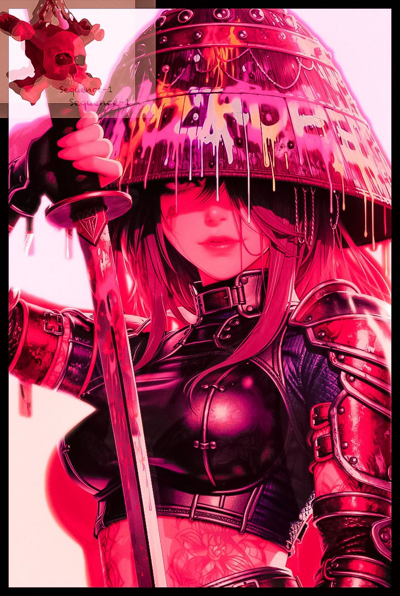 Anime-style digital artwork of a female warrior with pink hair, wearing black armor and a wide, decorated helmet. She holds a large sword and has tattoos on her stomach and arm. The scene has a pink hue with dripping paint effects.