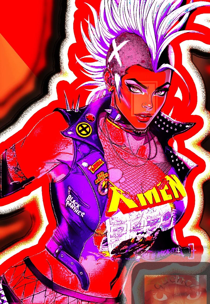Illustration of a female character in punk style with a mohawk, leather jacket, and 'X-men' shirt, set against a red background.