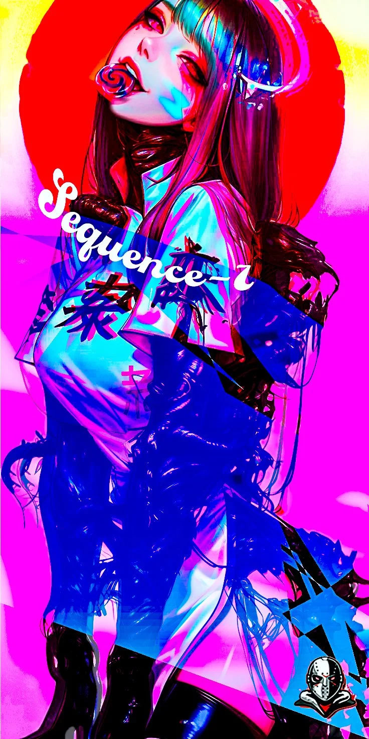 A colorful digital illustration of a woman with long, multicolored hair, wearing sunglasses and a shiny black outfit. She is licking a lollipop with a playful expression, set against a vibrant background with pink, yellow, and blue hues. The words "Sequen~ce" are overlaid on the image, along with stylized Japanese characters and a small logo of a skull with a hat at the bottom right corner.