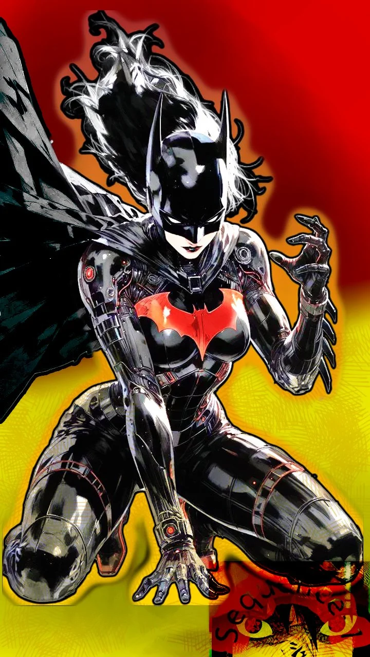A cybernetic female superhero dressed as Batgirl with robotic features, wearing a black suit with red Batgirl emblem, black cape, and helmet with bat ears, posing against a gradient red and yellow background.