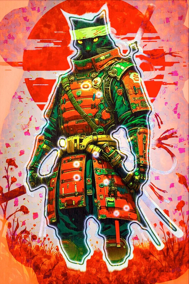 An anthropomorphic black cat dressed in tactical gear, wearing a green headband, standing against a stylized red circle background with pink and purple accents, surrounded by silhouettes of flowers and plants.