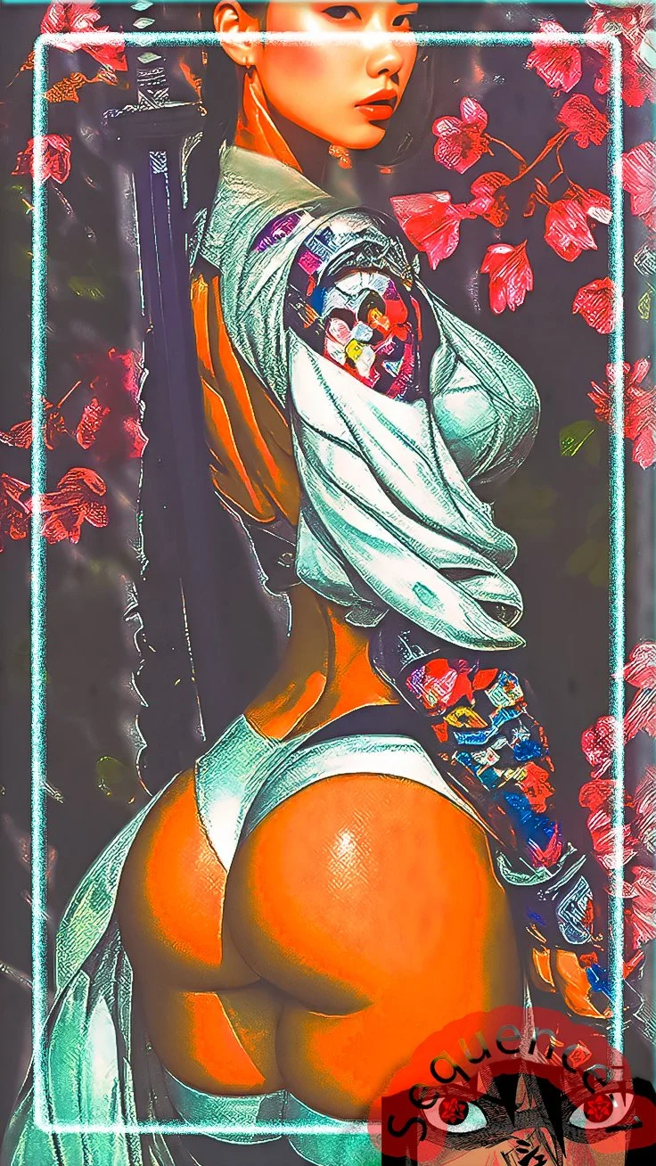 A woman with long dark hair, partially covered by a jacket, faces sideways with her face turned towards the camera, showing her lips and eye makeup. She is revealed wearing revealing clothing with vibrant colors and patterns, surrounded by an electronic border and red flowers in the background.