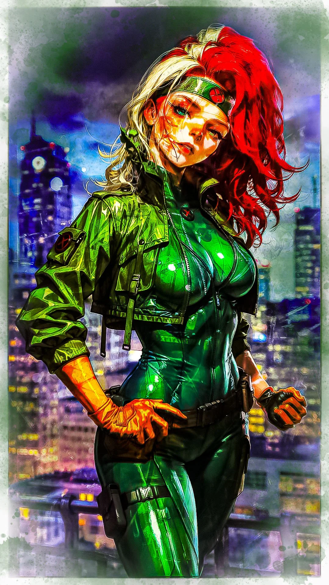 A digital art depiction of a female superhero in a shiny green suit and matching gloves, standing with hands on hips against a city skyline background at night.