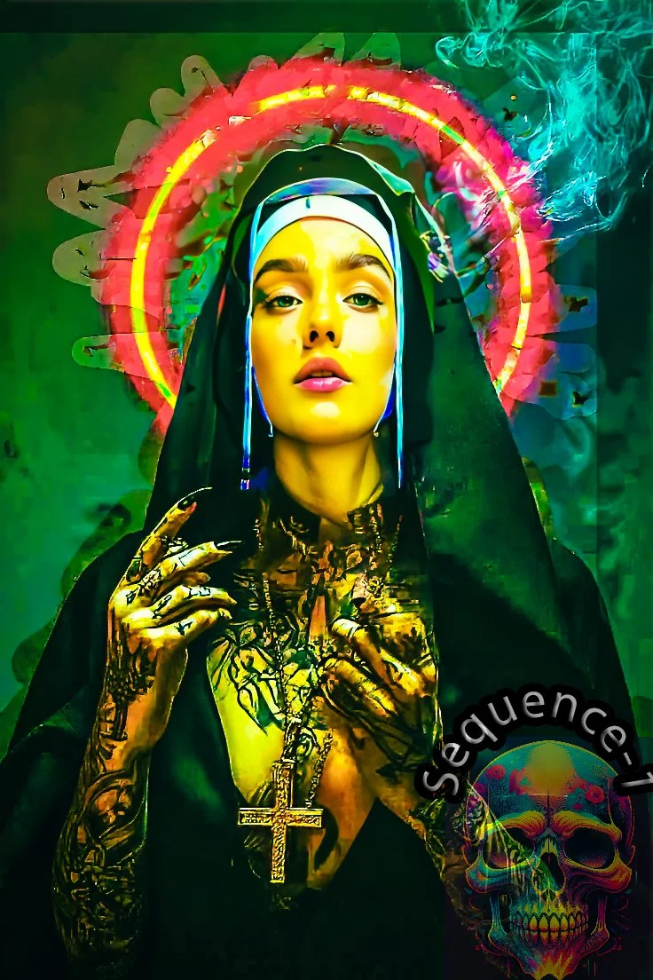 A woman with tattoos on her arms and chest, wearing jewelry including a large cross necklace, in front of a psychedelic background featuring a skull and vibrant colors. She has a halo-like structure behind her head and appears to be smoke or mist to the right.