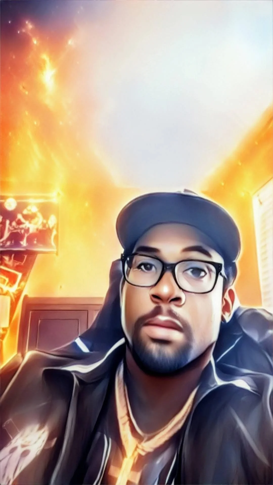 Young man wearing glasses and a cap, taking a selfie in a room with fiery orange and yellow lighting, neon signs, and decorated walls.