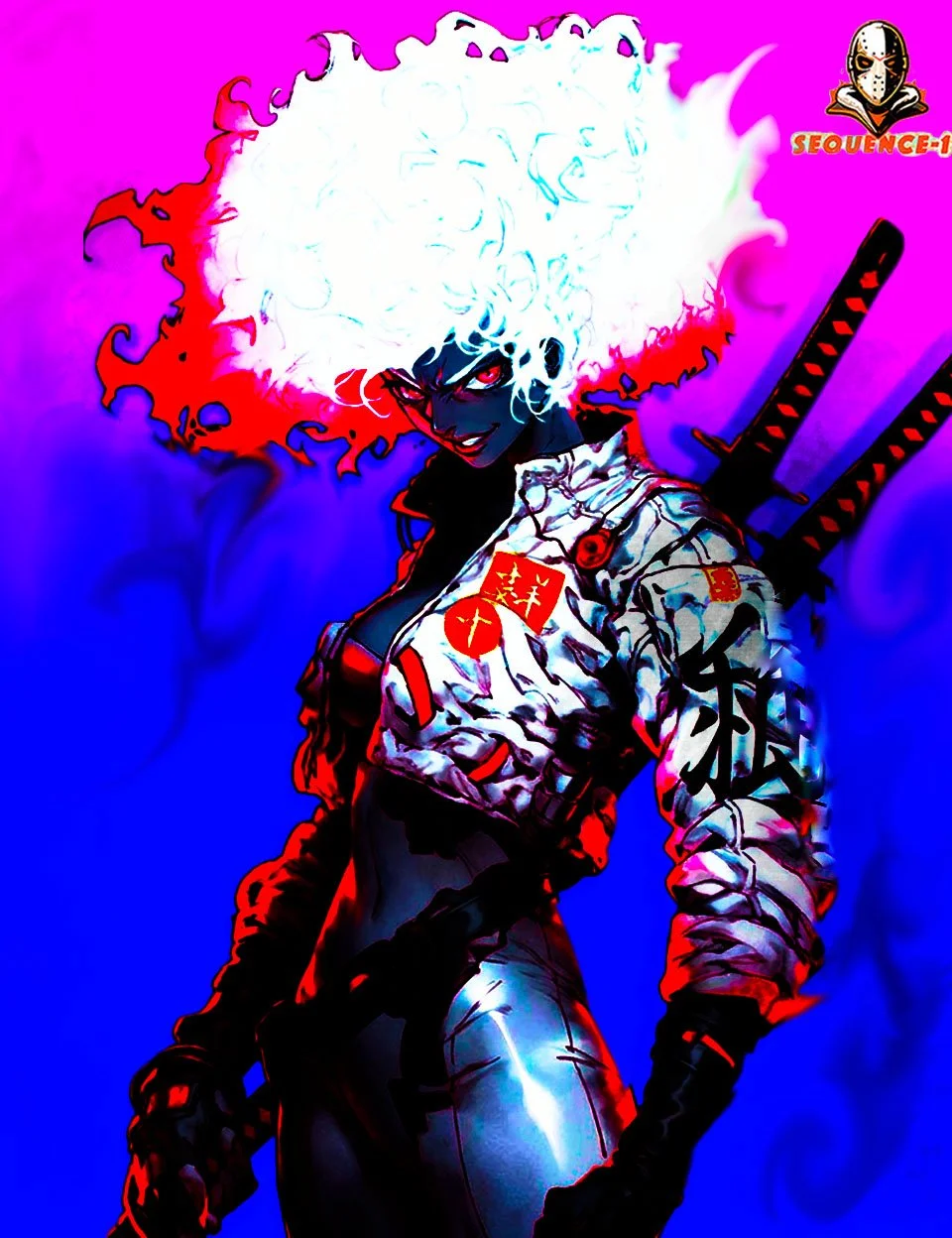Anime-style character with fiery white hair, red eyes, wearing a white jacket with black and red markings, and carrying two katana swords on back, set against a vibrant pink and blue background.
