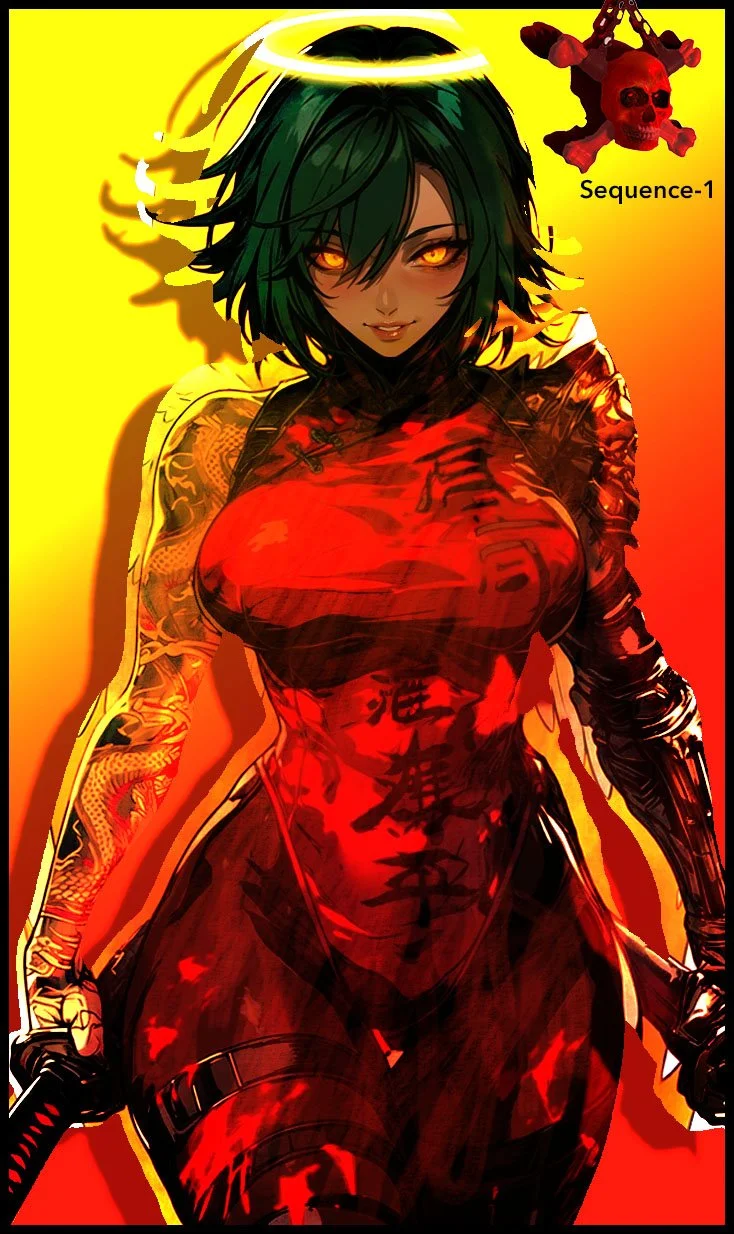 Digital illustration of a confident female anime character with green hair and glowing yellow eyes, wearing a black and red outfit with Japanese characters on her chest, holding a katana, against a gradient yellow to red background, with a small red skull with chains in the upper right corner.