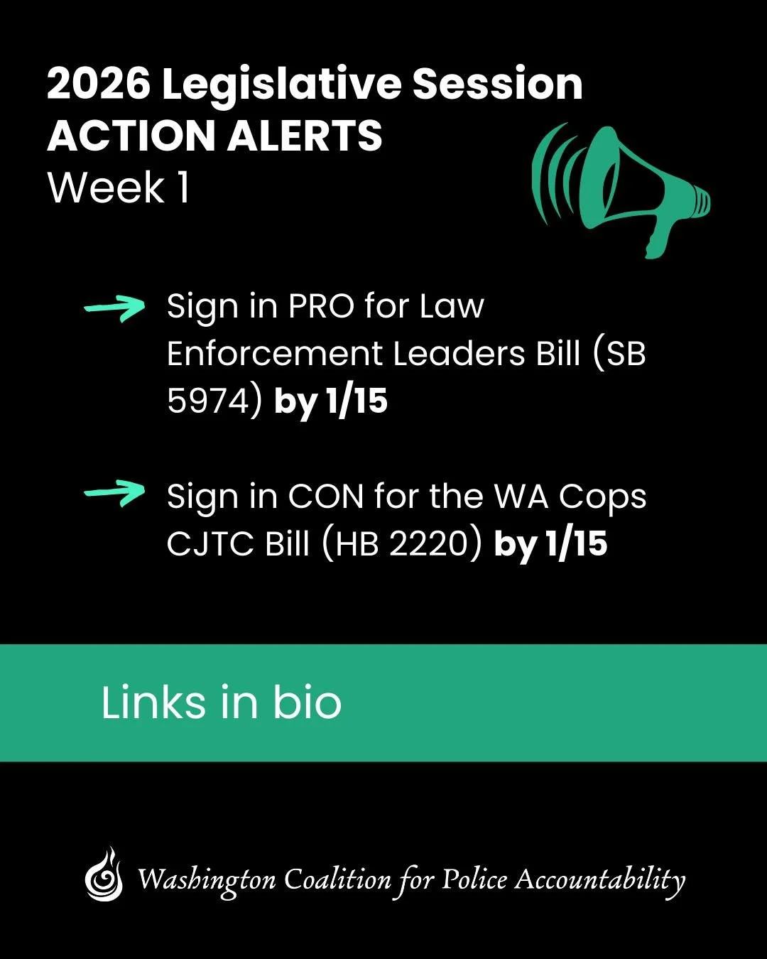 It's the first week of Washington state's legislative session!

Our two action items for this week are:

1. Sign in PRO for Law Enforcement Leaders Bill (SB 5974) by 1/15. 
2. Sign in CON for the WA Cops CJTC Bill (HB 2220) by 1/15. 

Links in bio!