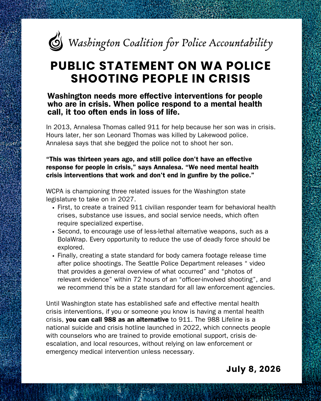 WCPA Statement on WA Police Shooting People in Mental Health Crises