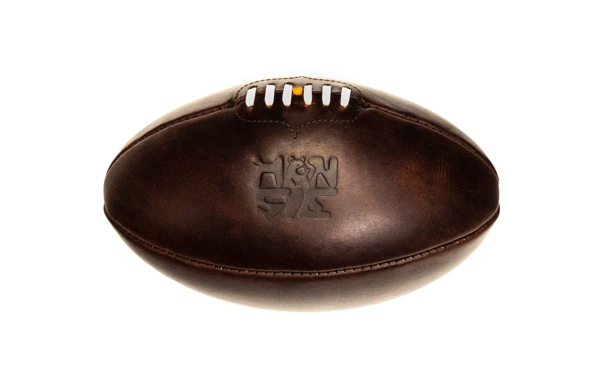 A brown leather American football with embossed NFL logo, isolated on white background.